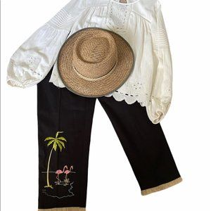 Vintage David Paul of NY | High Waisted Capri Pants Embroidered Jute Fringe Hem